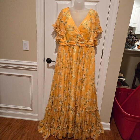 Mac Duggal Flounce Sleeve Floral Maxi Dress in Yellow Multi Size 14 - Picture 6 of 15